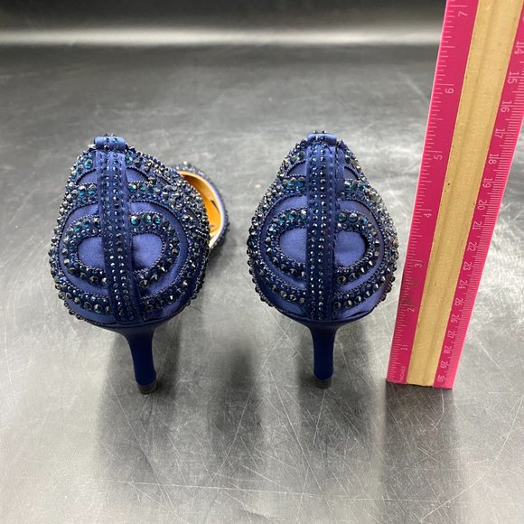 XYD Navy Pointed Toe D'Orsay Kitten Low Heels Rhinestone Shoes - Picture 6 of 8